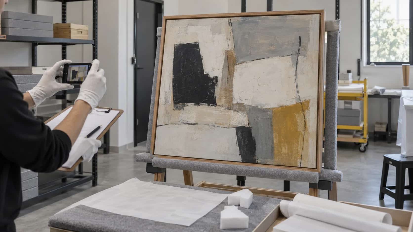 Pintura emoldurada sendo inspecionada e fotografada antes do armazenamento