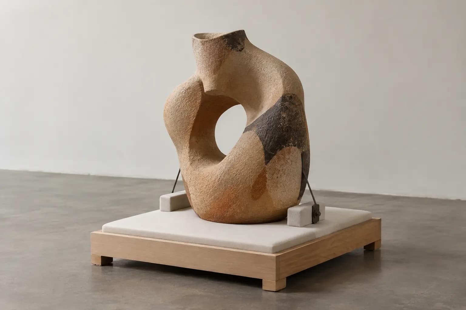 Escultura cerâmica estabilizada sobre base acolchoada e elevada do piso