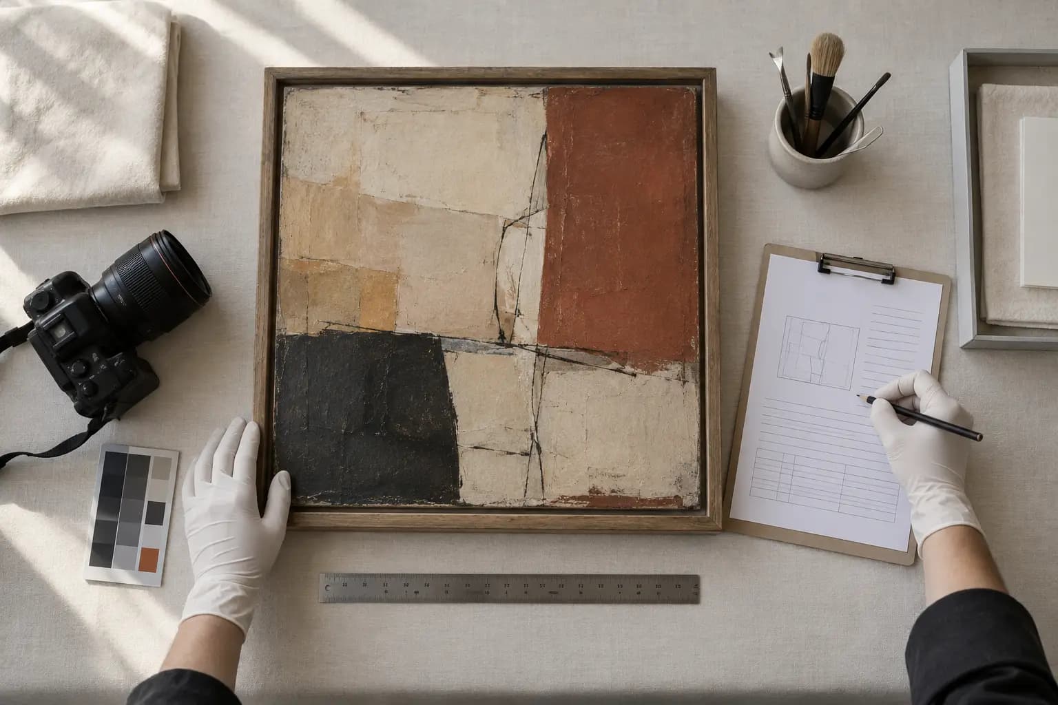 Relatório de condição, câmera e pintura dispostos para registro antes do armazenamento